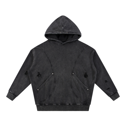 Unisex Snow Washed Distressed Panel Pocket Hoodie