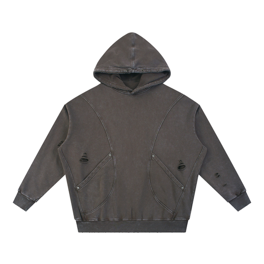 Unisex Snow Washed Distressed Panel Pocket Hoodie